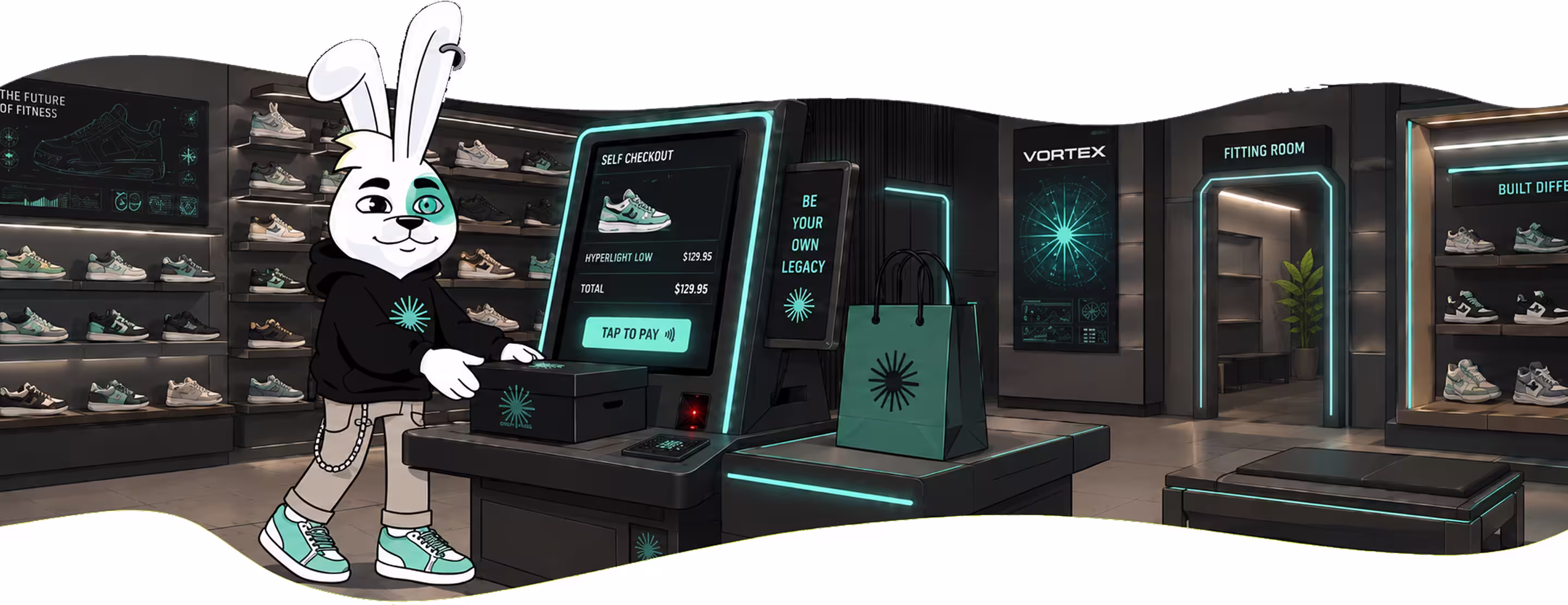 Cartoon rabbit using a self-checkout kiosk in a modern sneaker store with shoes on shelves and fitting rooms.