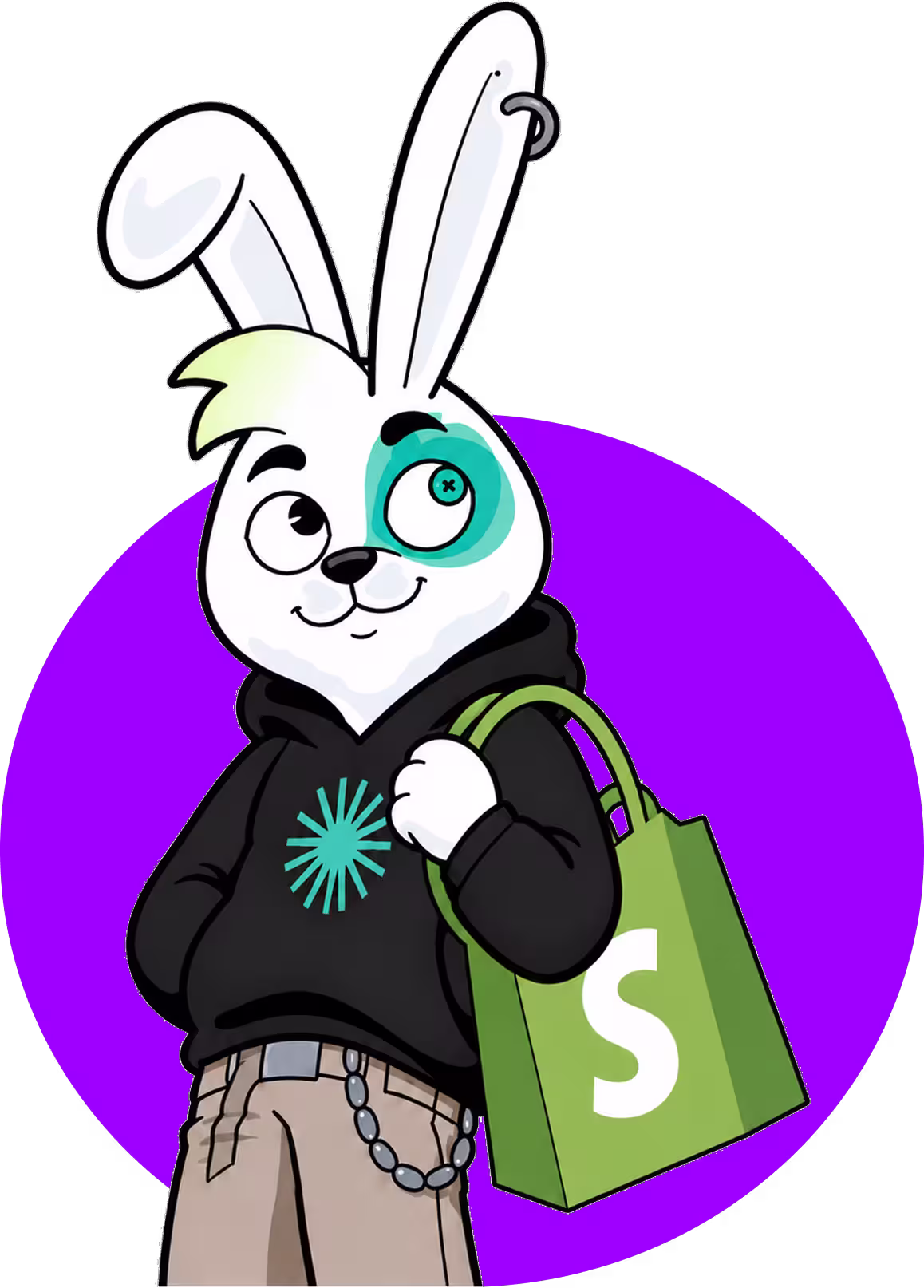 Cartoon white rabbit with button eye wearing hoodie, holding green shopping bag with S logo on purple background.
