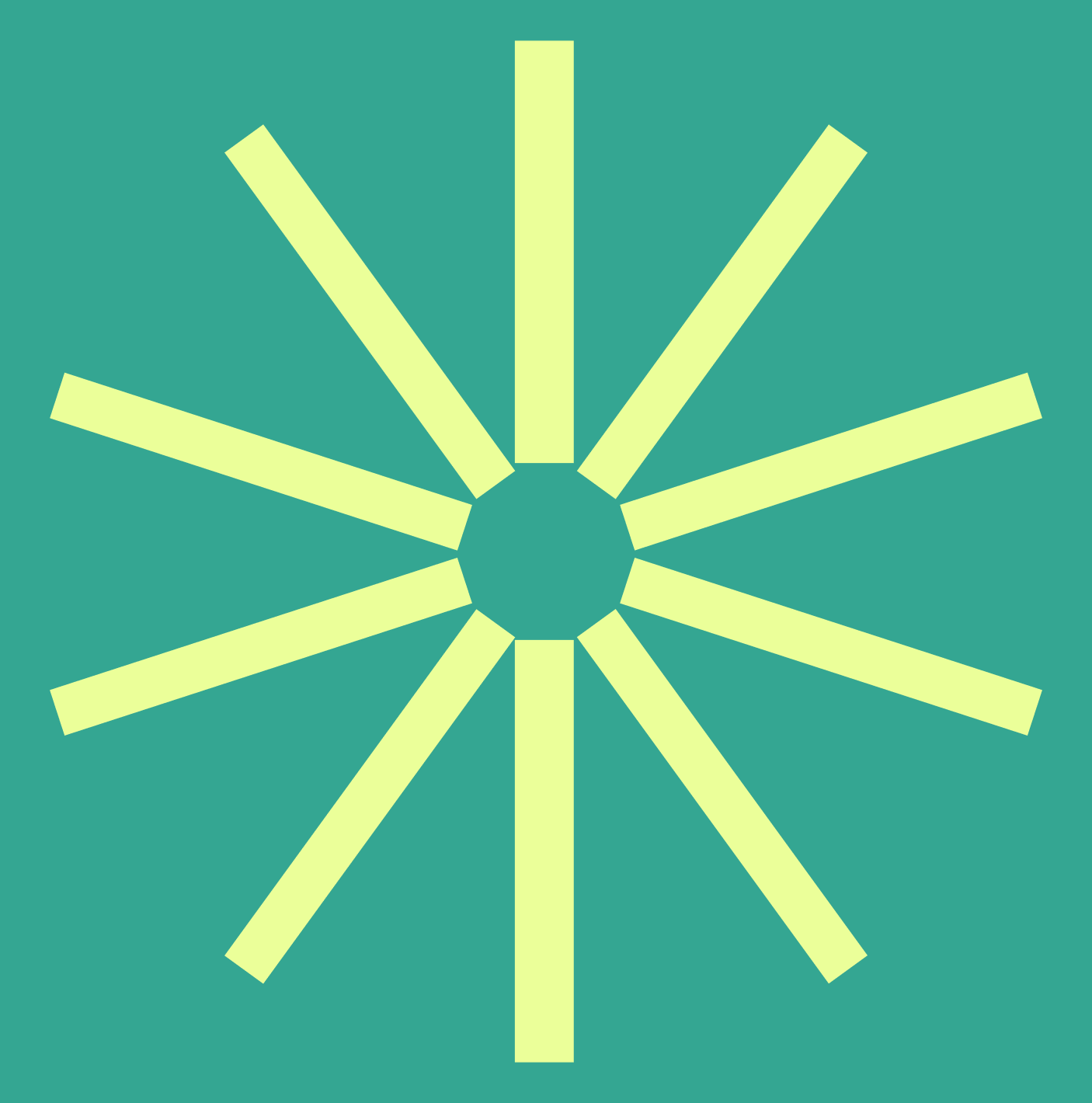 Stylized yellow waterwheel with eight broad spokes on teal background.
