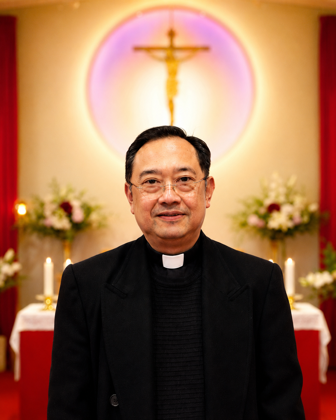 Man wearing white religious robe standing indoors with lit candle and statue in the background.