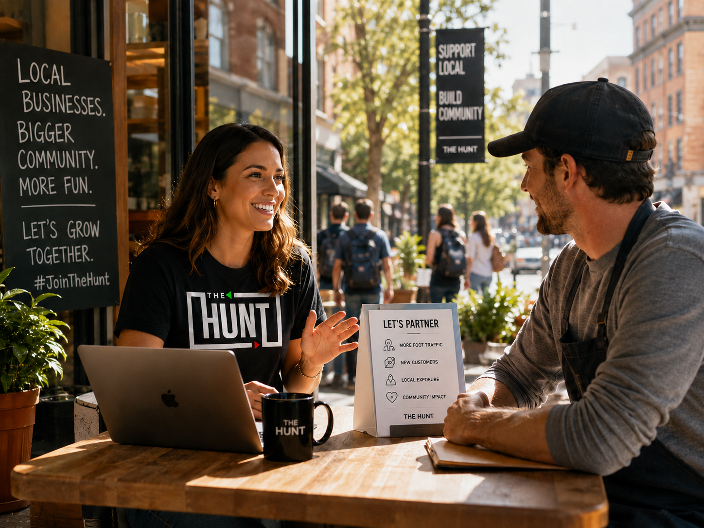Two people discussing partnership at outdoor cafe table with signs supporting local businesses.