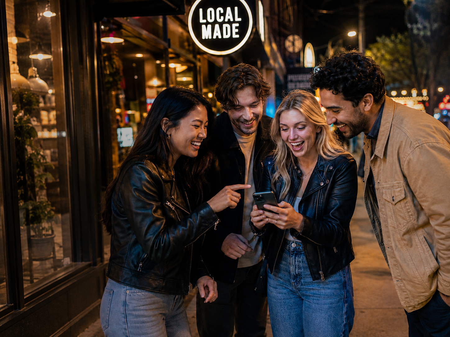 Four friends laughing and looking at a smartphone on a city sidewalk at night under a 'Local Made' sign.