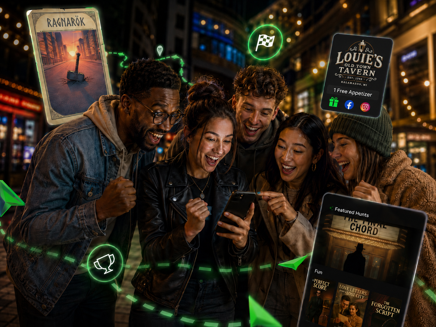 Group of four excited friends looking at a smartphone at night on a city street with digital icons.