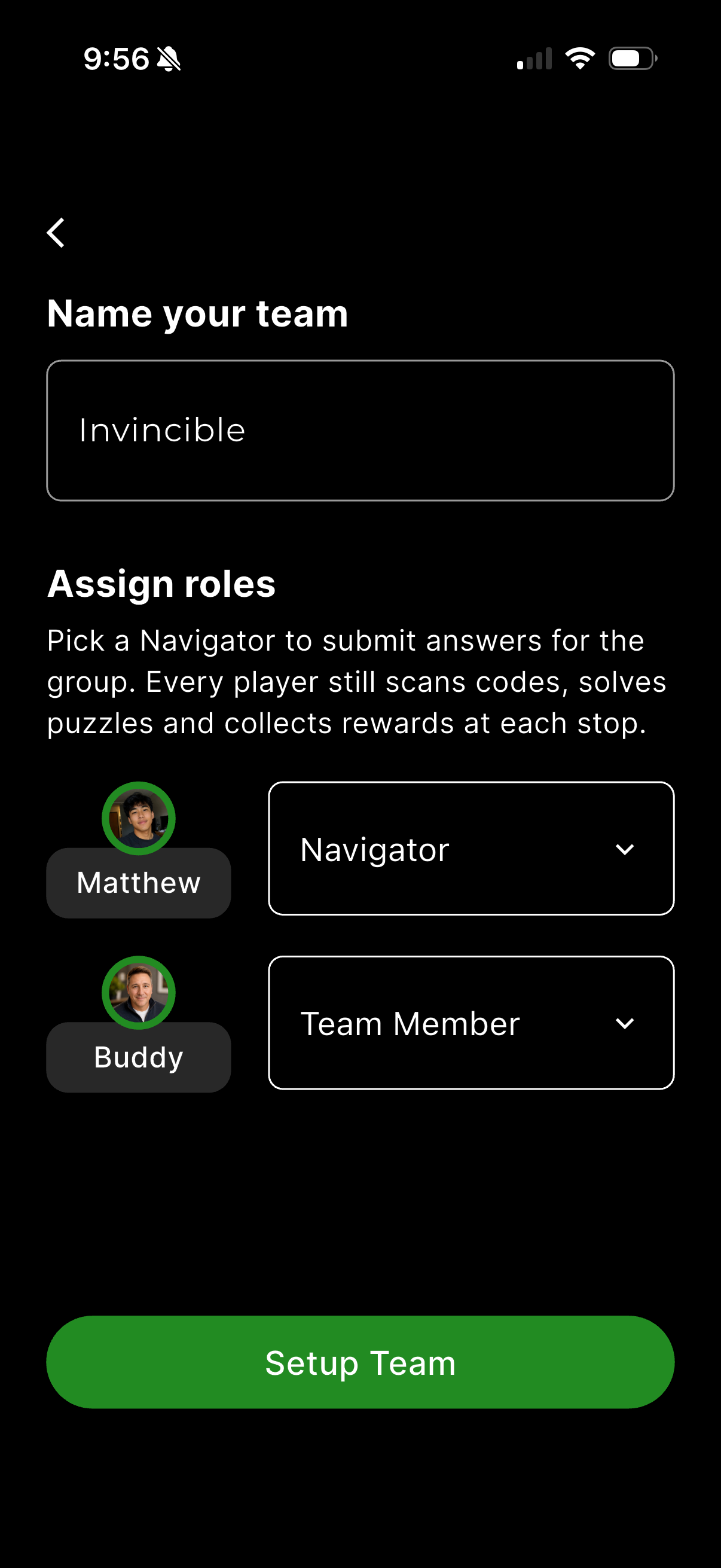 App screen to name team Invincible and assign roles: Matthew as Navigator, Buddy as Team Member.