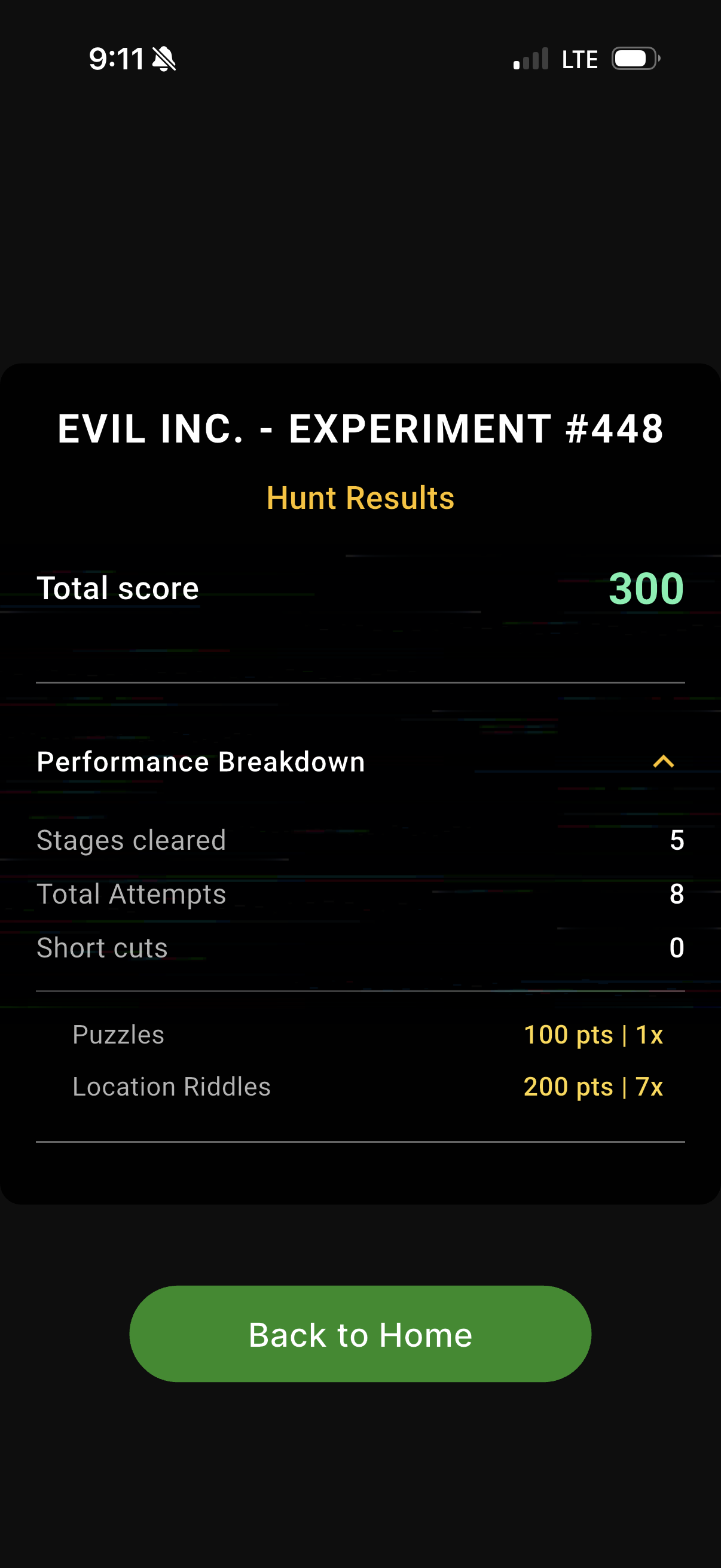 Game results screen showing a total score of 300 with 5 stages cleared and 8 attempts in Evil Inc. experiment.