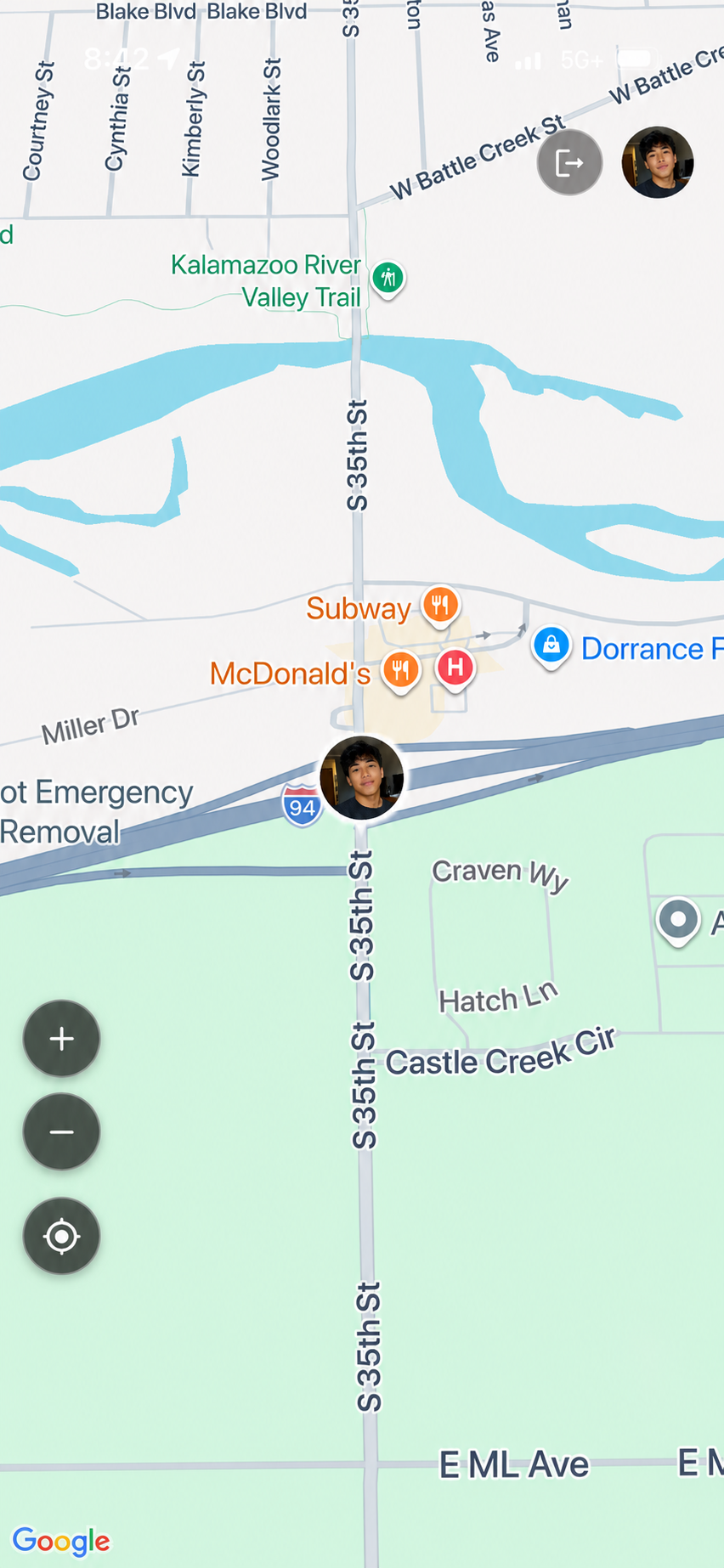 Map showing S 35th St near Kalamazoo River Valley Trail with nearby Subway and McDonald's restaurants.
