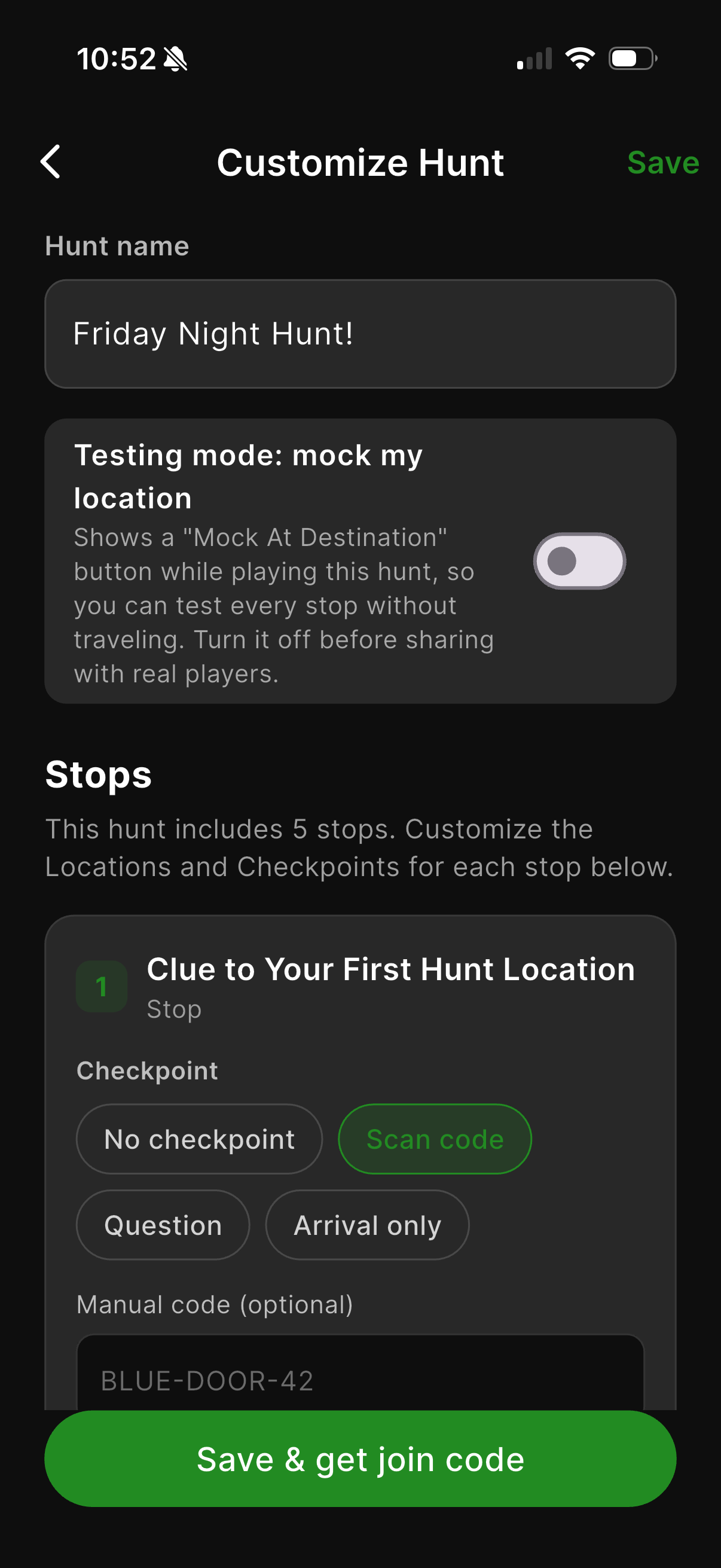 Mobile screen showing 'Customize Hunt' for 'Friday Night Hunt!' with checkpoint options and save button.