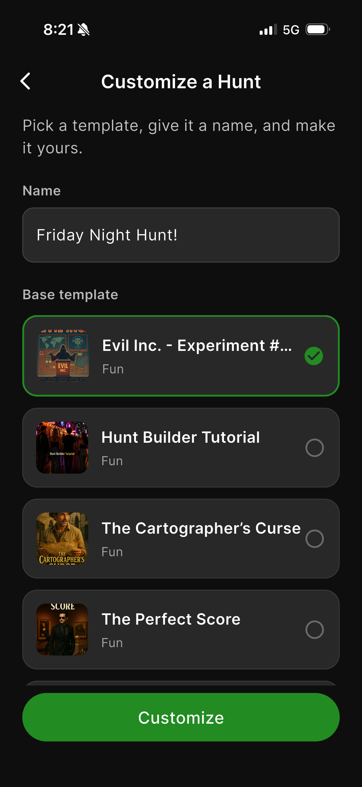 App screen for customizing a hunt with name 'Friday Night Hunt!' and templates to choose from.