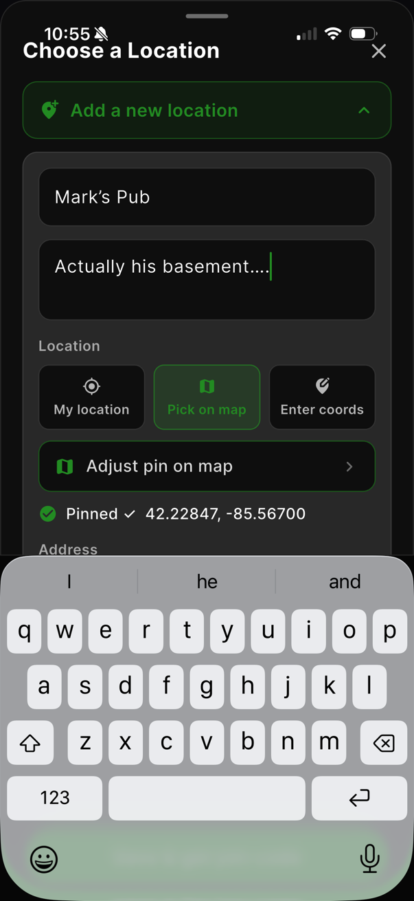 Mobile screen showing location input form with name, description, and map pin coordinates to set a location.