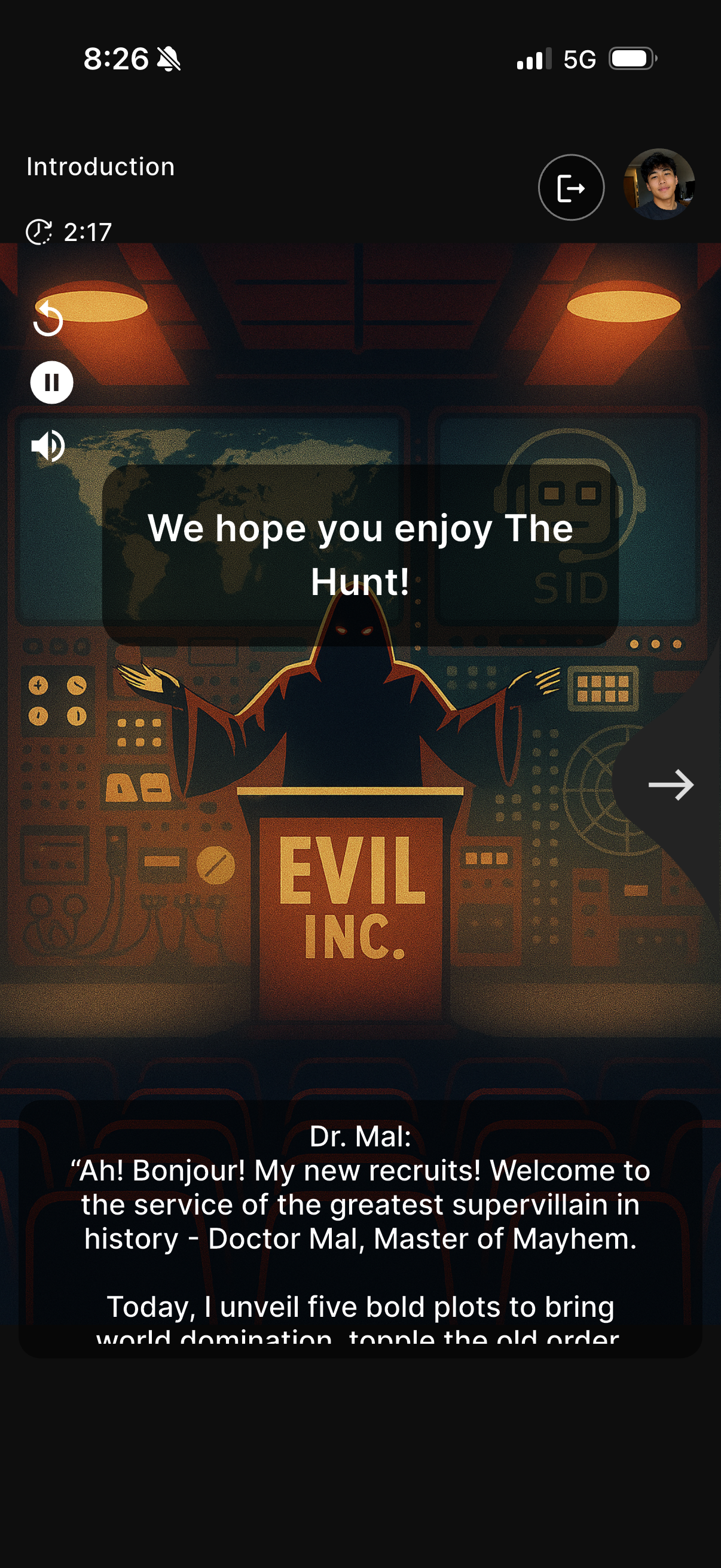 Dark hooded figure at a podium labeled 'EVIL INC.' with text welcoming to The Hunt game.