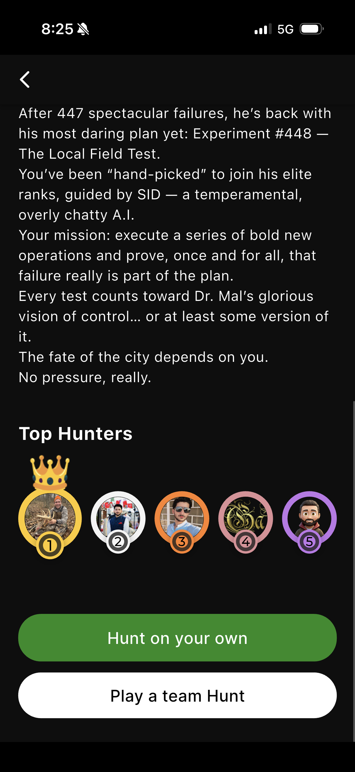 Game screen describing a mission with top five hunters shown and buttons to hunt solo or team hunt.