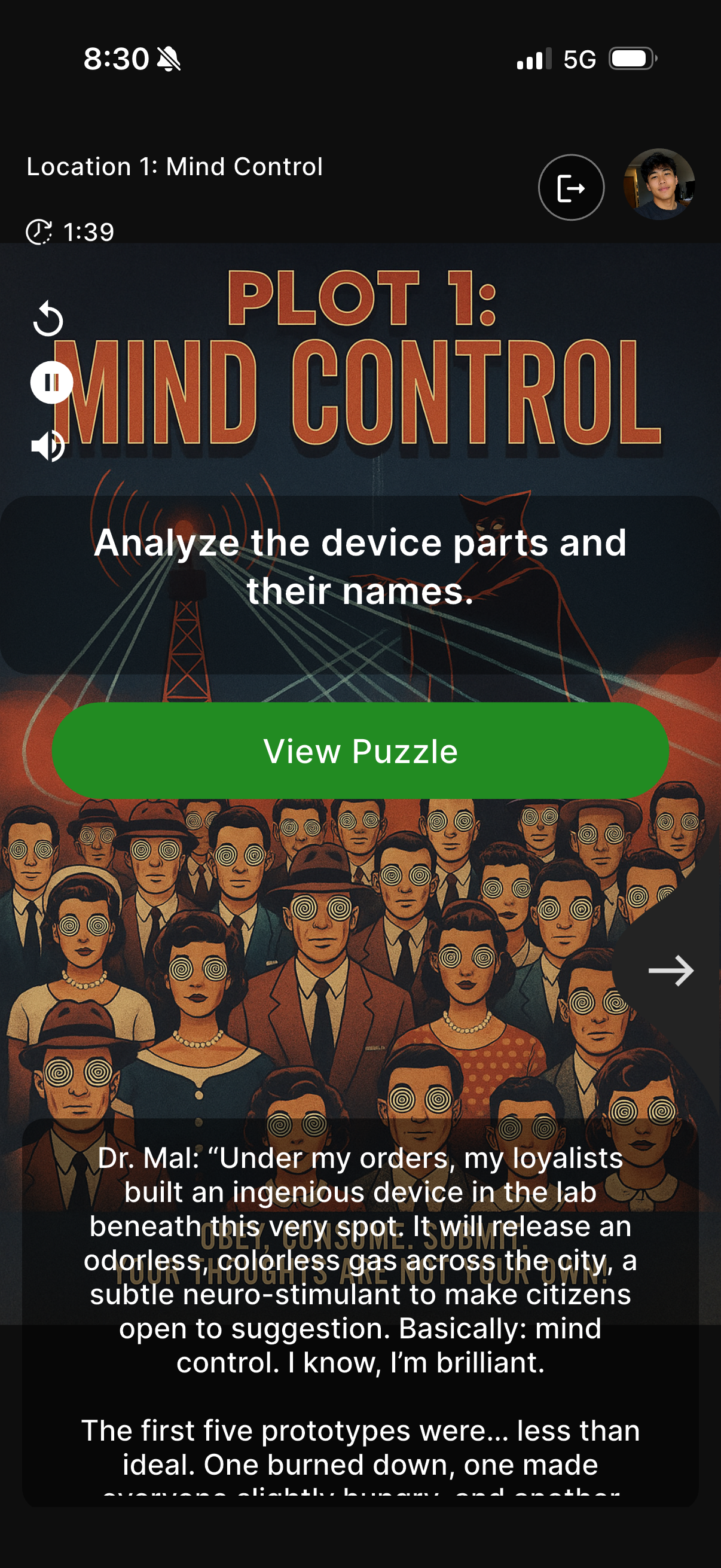 Illustration of hypnotized people with spirals in eyes under a radio tower emitting signals titled 'Mind Control'.