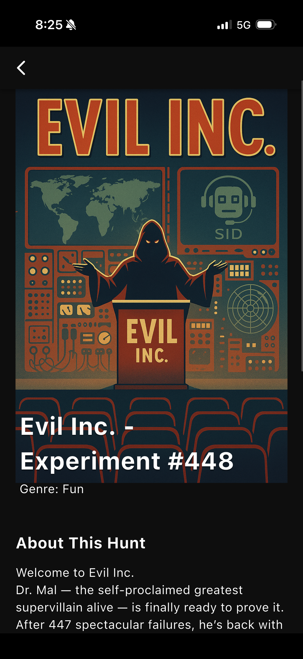 Hooded figure with glowing eyes stands at Evil Inc. podium with control panels and world map behind.