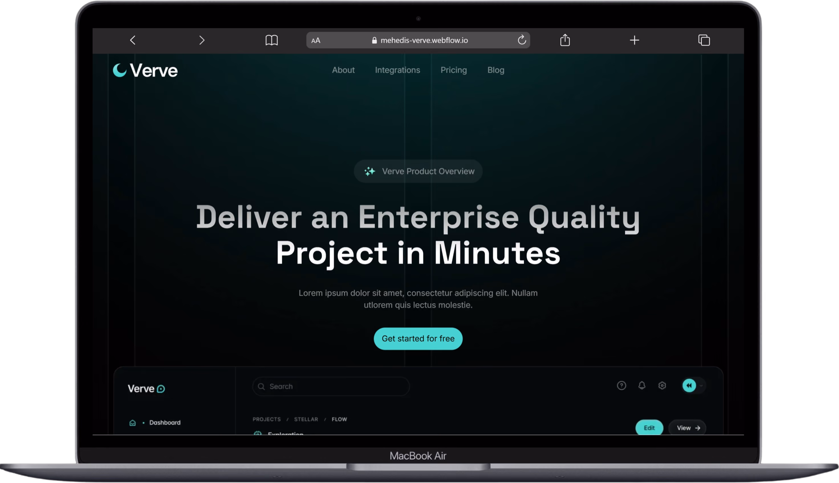 Laptop screen showing Verve website homepage with headline 'Deliver an Enterprise Quality Project in Minutes'.