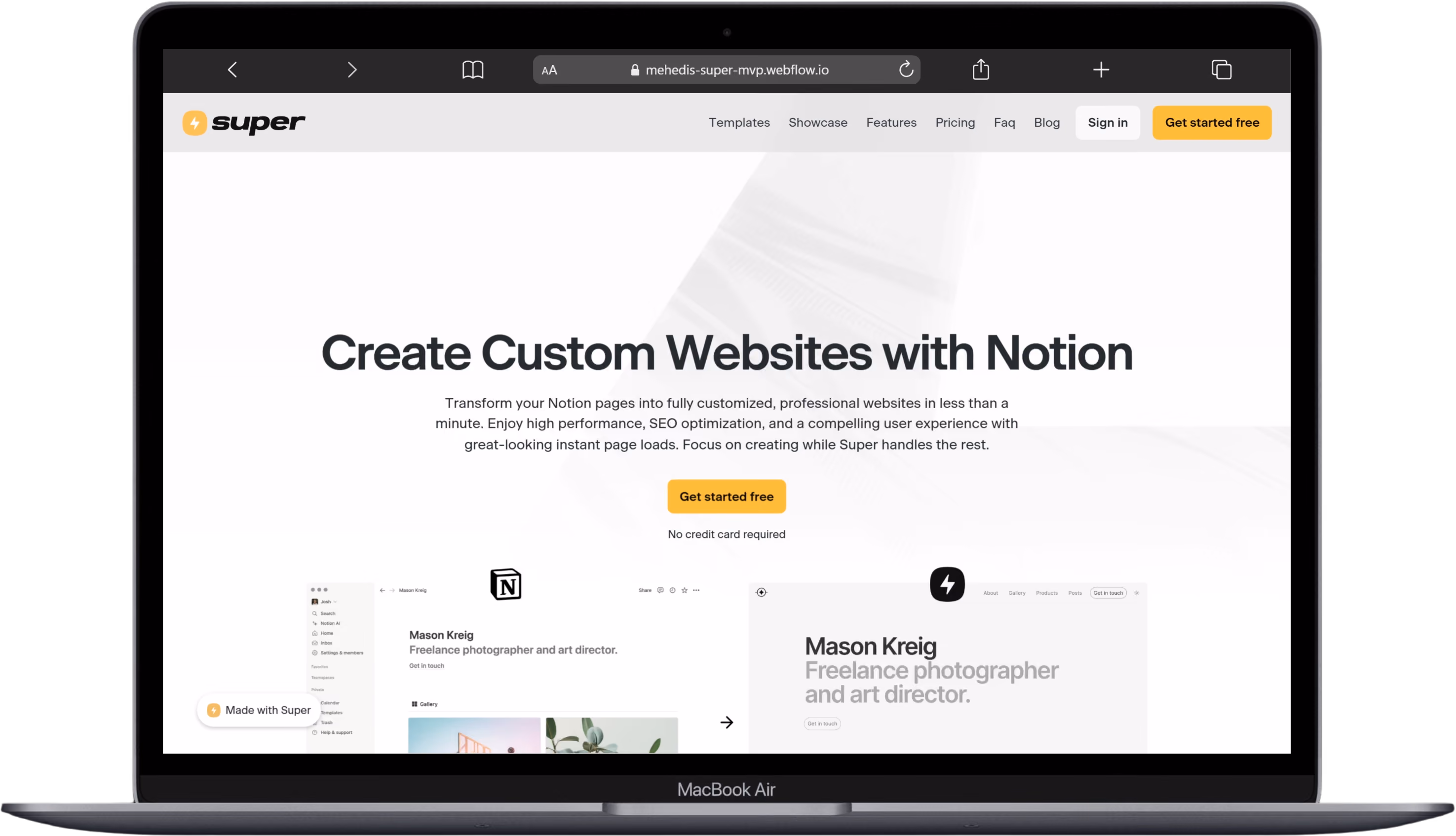 Website homepage on a MacBook Air showing Super's custom Notion websites with a call-to-action button.
