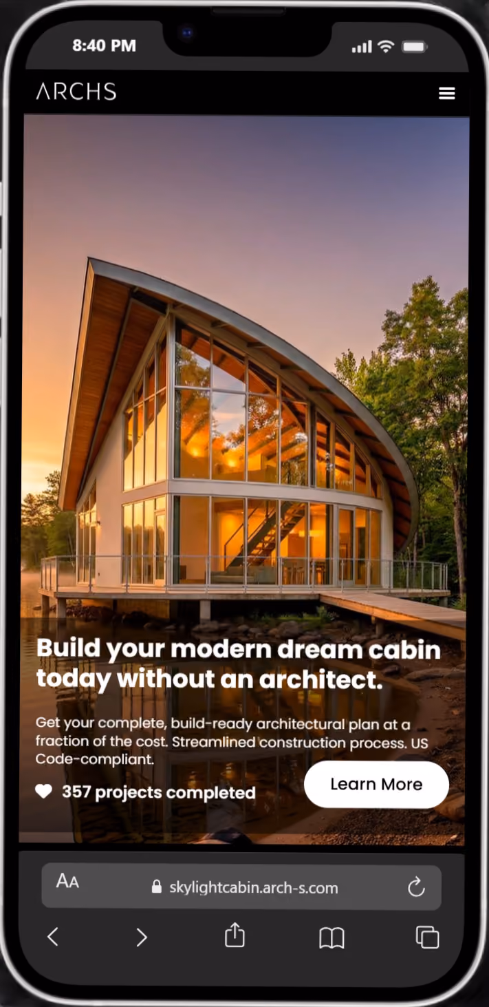 Modern glass cabin on stilts reflecting in water during sunset with warm interior lights on.