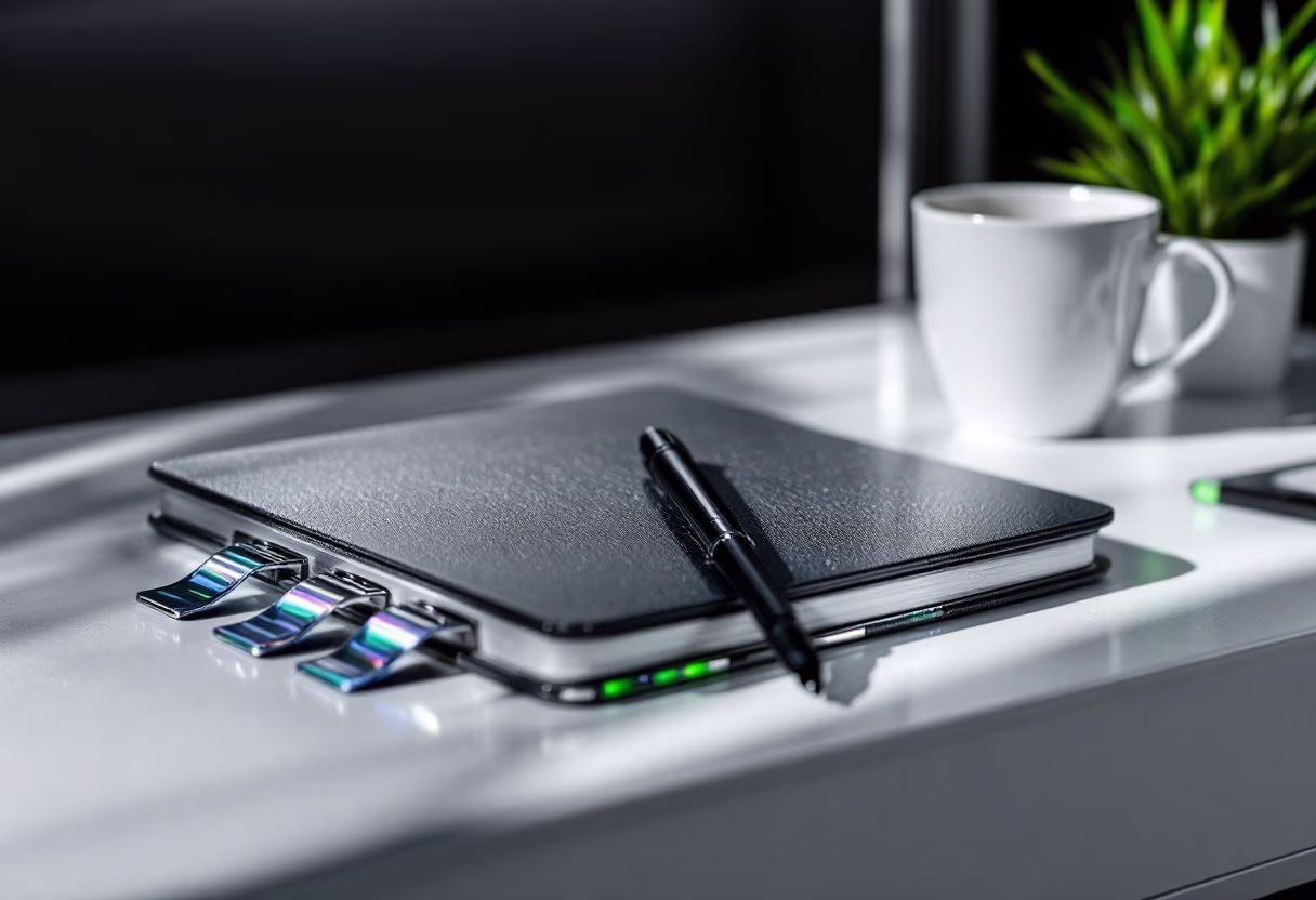 image of a notebook and coffee cup on a table (for a productivity tools business)