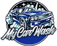 Logo bleu avec voiture sportive brillante et texte My Car Wash en blanc.