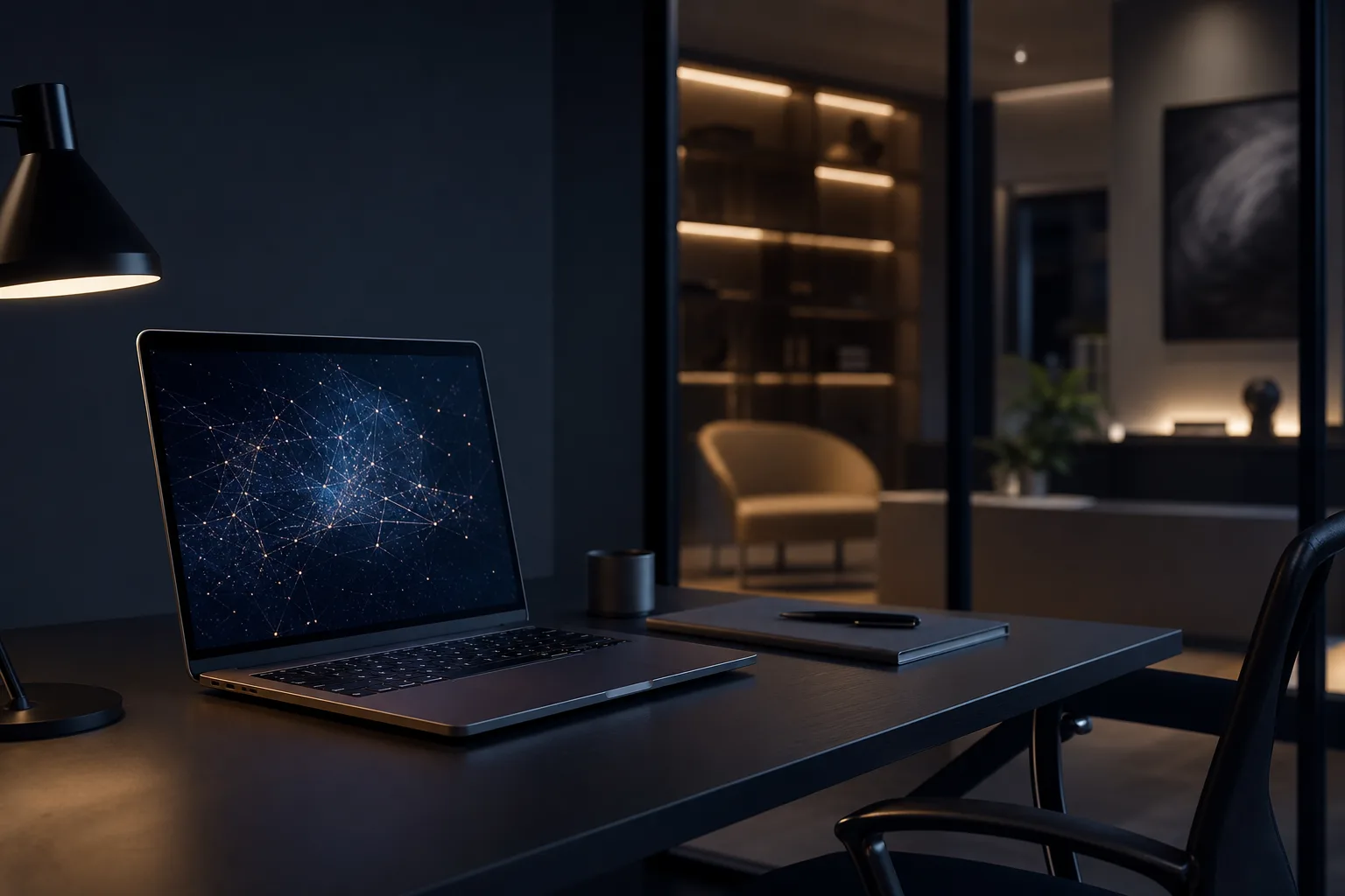 夜のオフィスで光るノートPCの画面