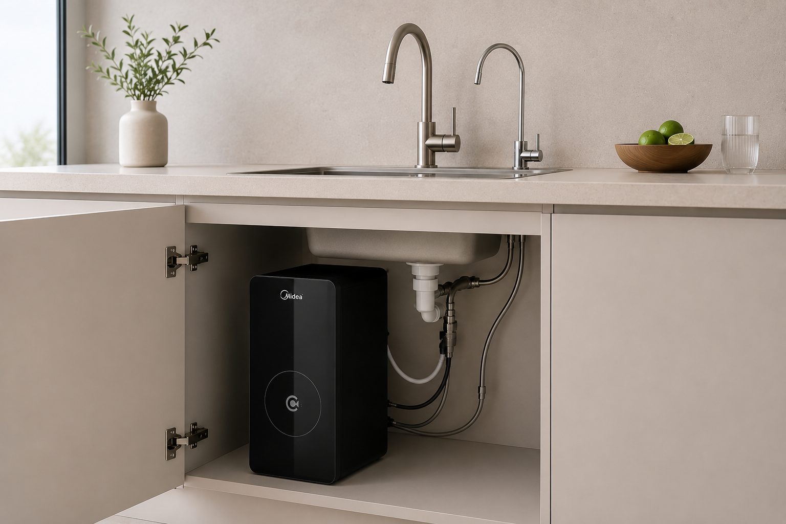 Descalcificador y equipo de osmosis instalado bajo la grifería de una cocina