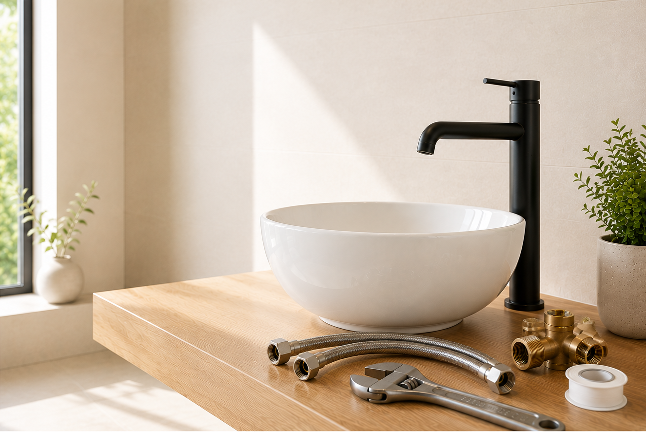Lavabo de diseño con varias herramientas y piezas, manguitos y cintas de sellado