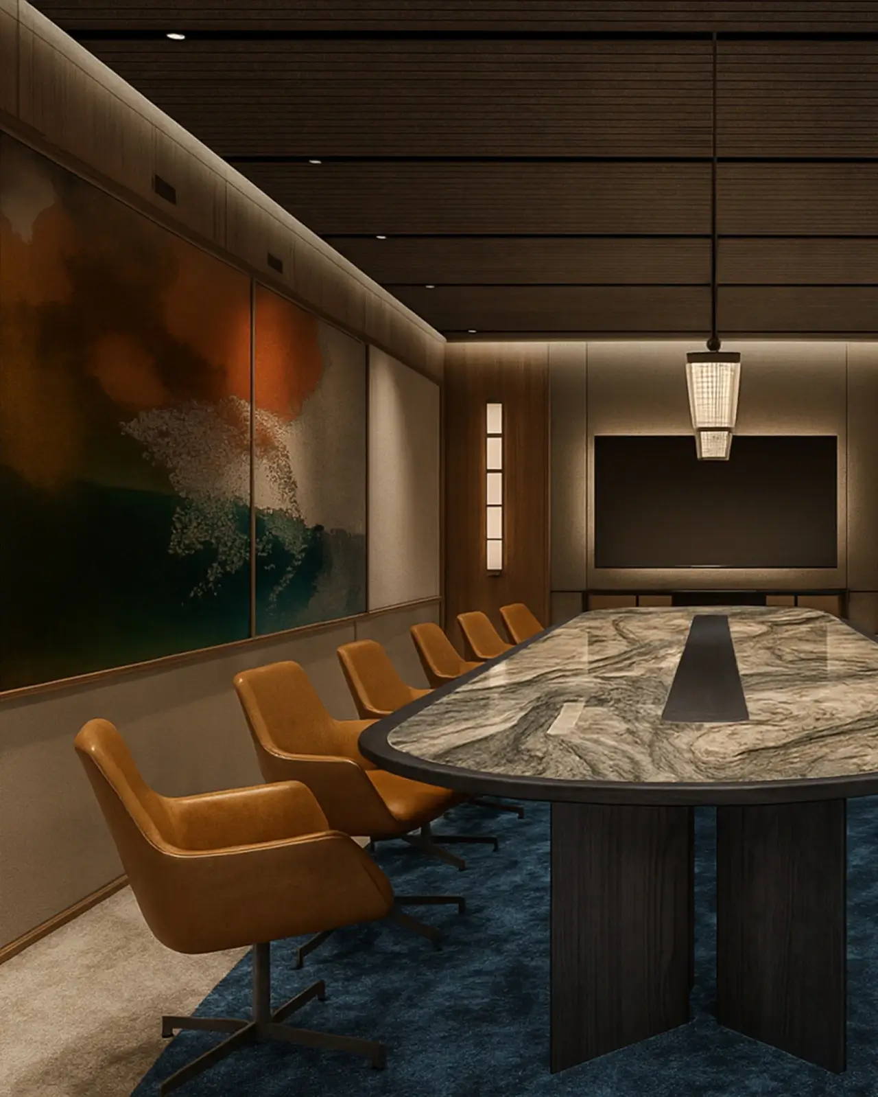 Boardroom meeting room featuring a marble conference table, tan leather chairs, deep blue carpet, and a large abstract artwork on the wall.