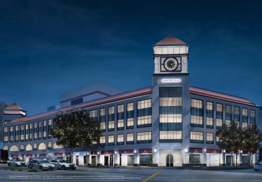 Exterior render of Stamford Place at dusk