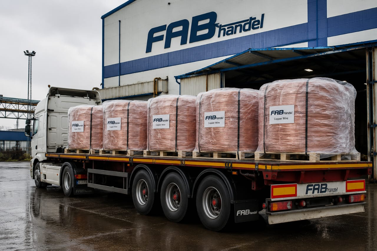 Flatbed truck loaded with large wrapped copper wire coils outside a building with FAB handel sign.