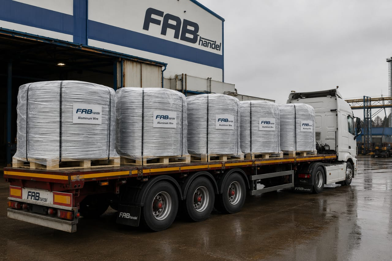 Flatbed truck loaded with large wrapped copper wire coils outside a building with FAB handel sign.