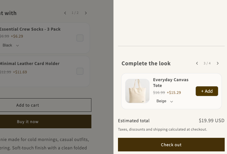Online cart showing one beige Soft Ribbed Beanie priced at $19.99 with option to add Everyday Canvas Tote.