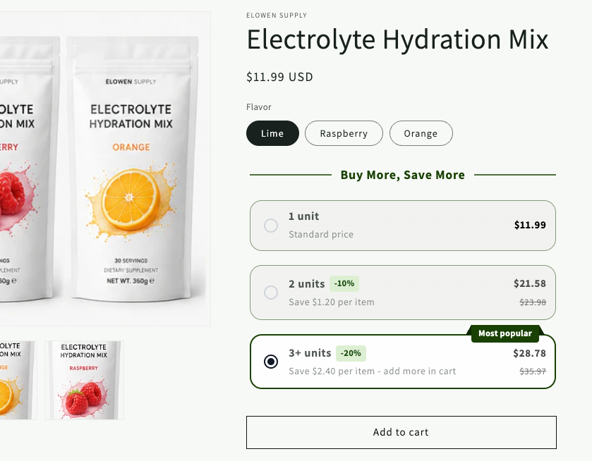 ELOWEN Supply Electrolyte Hydration Mix in Lime, Raspberry, and Orange flavors with pricing and quantities.