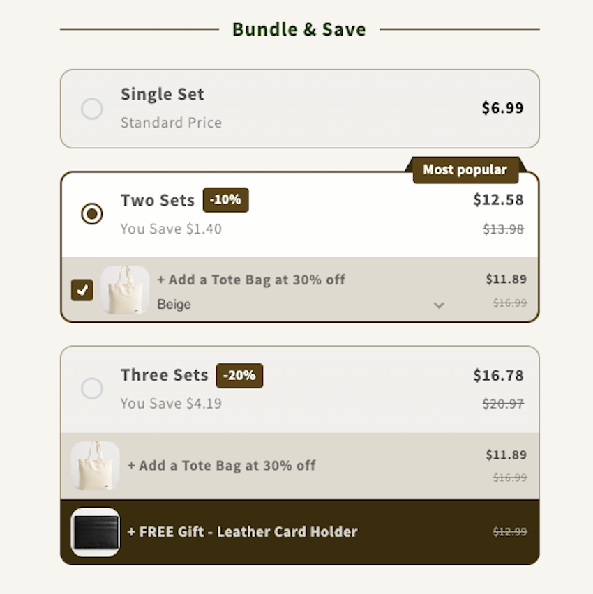 Pricing options for single, two, or three sets with discounts and add-ons like tote bag and free leather card holder.