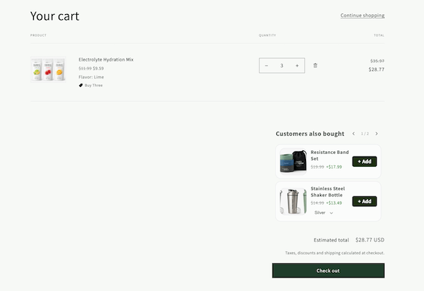 Shopping cart with 3 Electrolyte Hydration Mix, flavor lime, and upsell suggestions with add buttons.