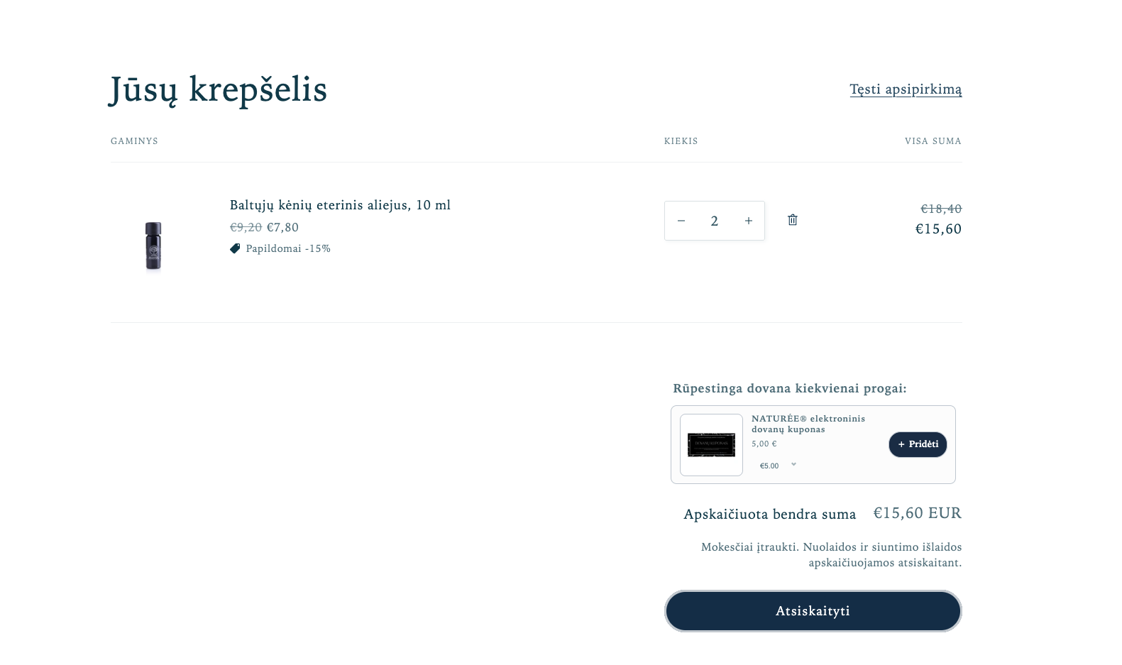 NATUREE cart page with an item in cart and a targeted upsell above the Checkout button