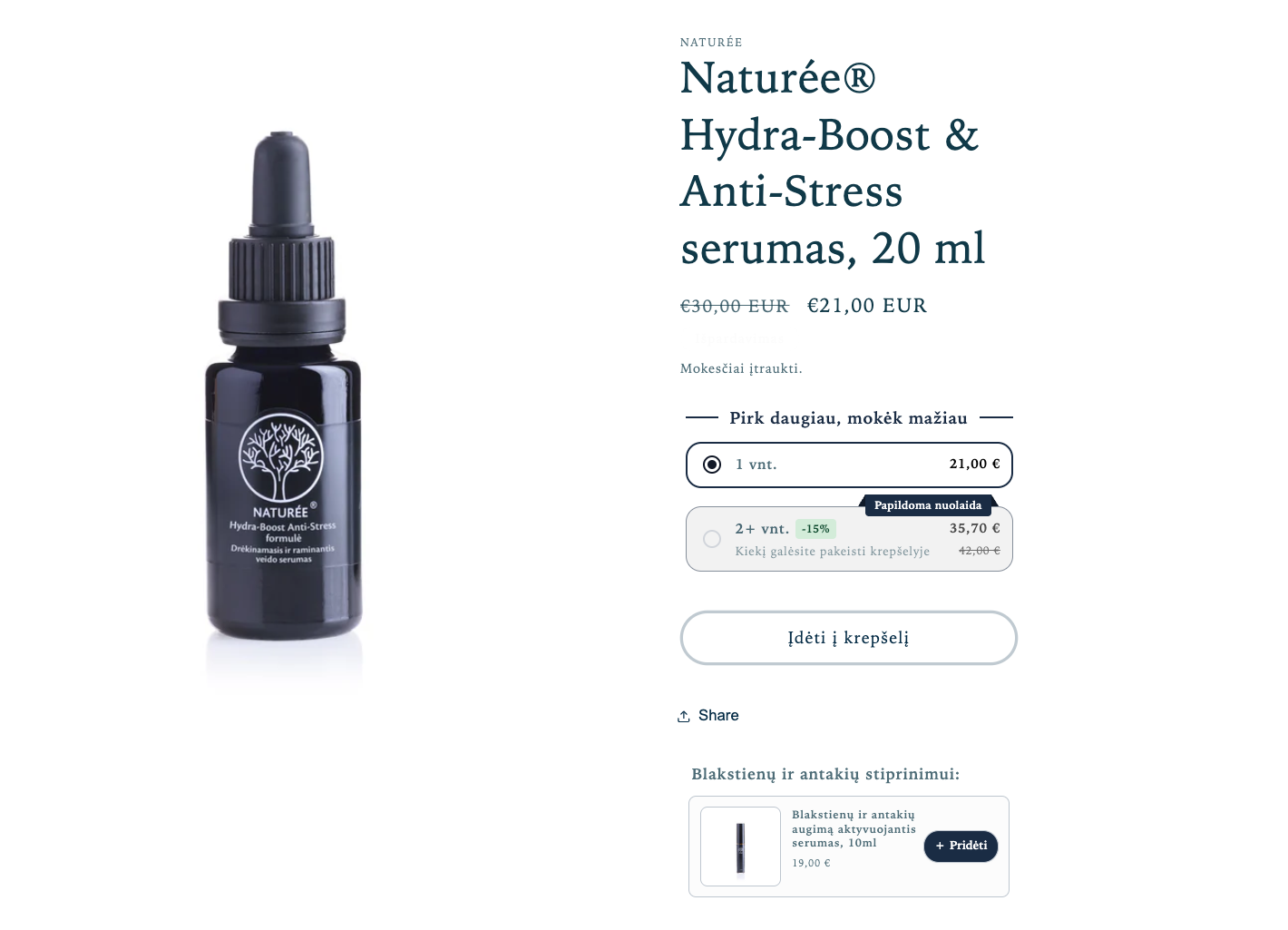 Naturee Hydra-Boost & Anti-Stress Serum, 20ml with a volume discount and an upsell below ATC button
