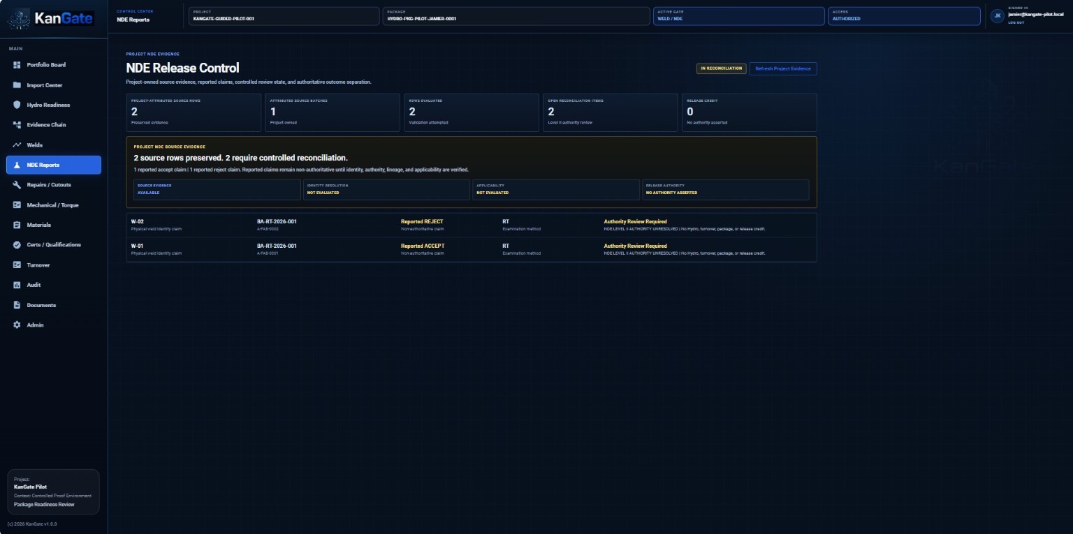 KanGate NDE release control showing reported outcomes awaiting authoritative reconciliation