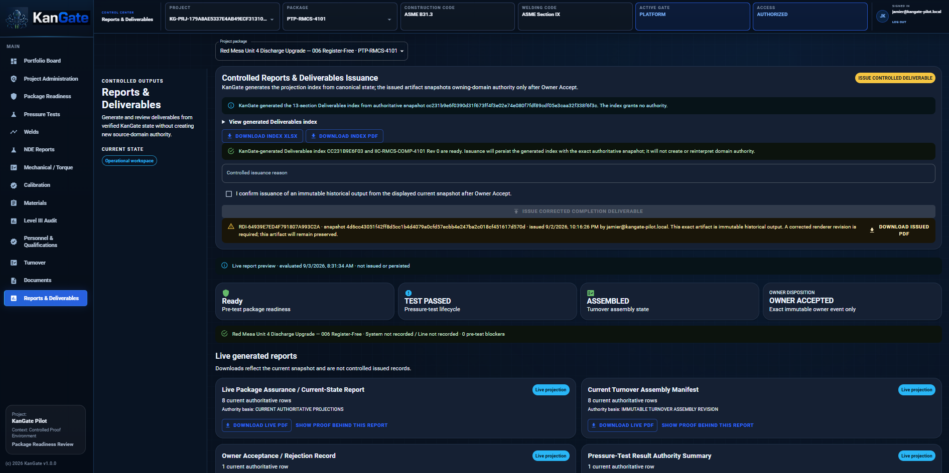 KanGate controlled reports and deliverables view