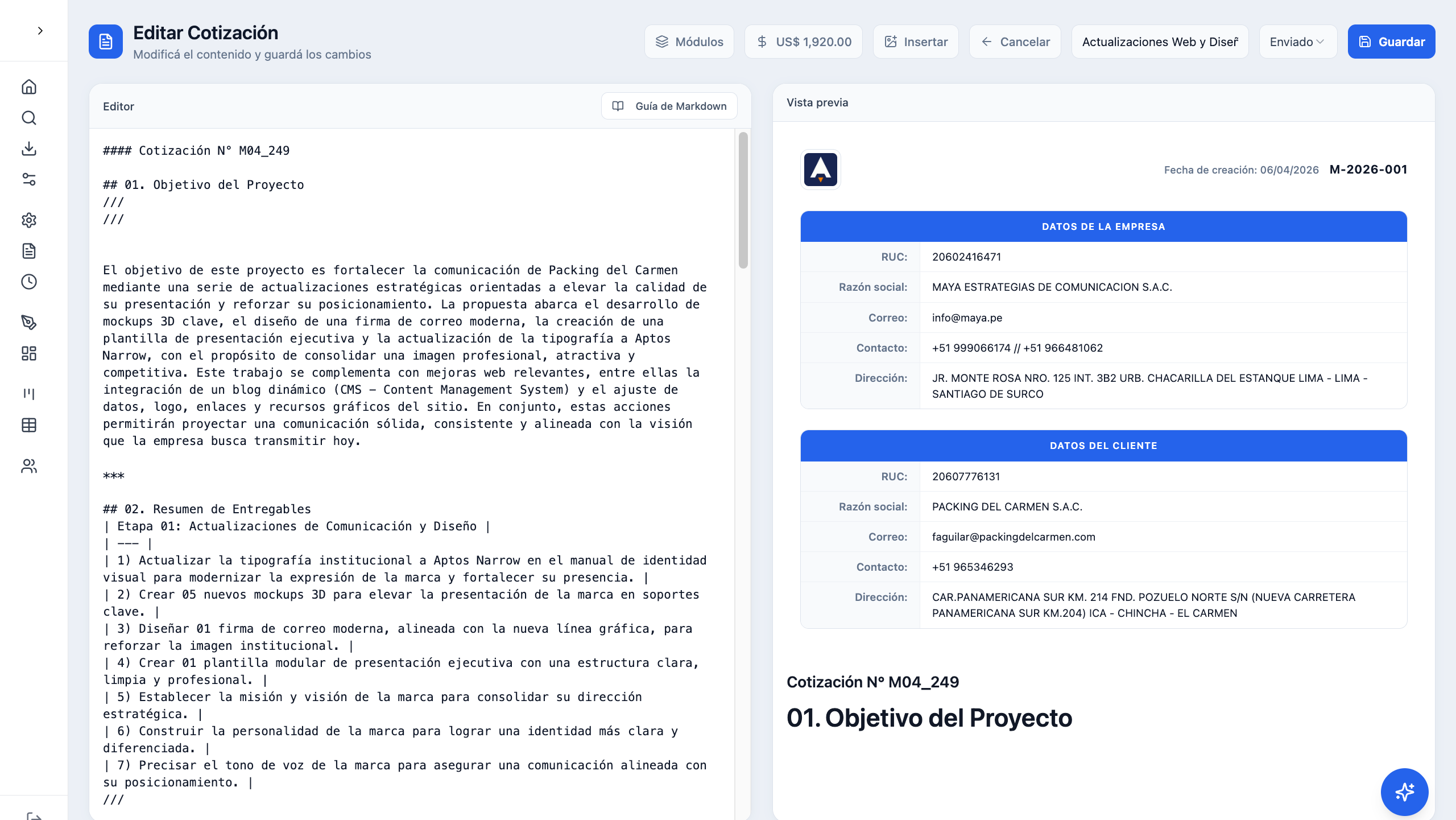 Captura del producto Cotizador