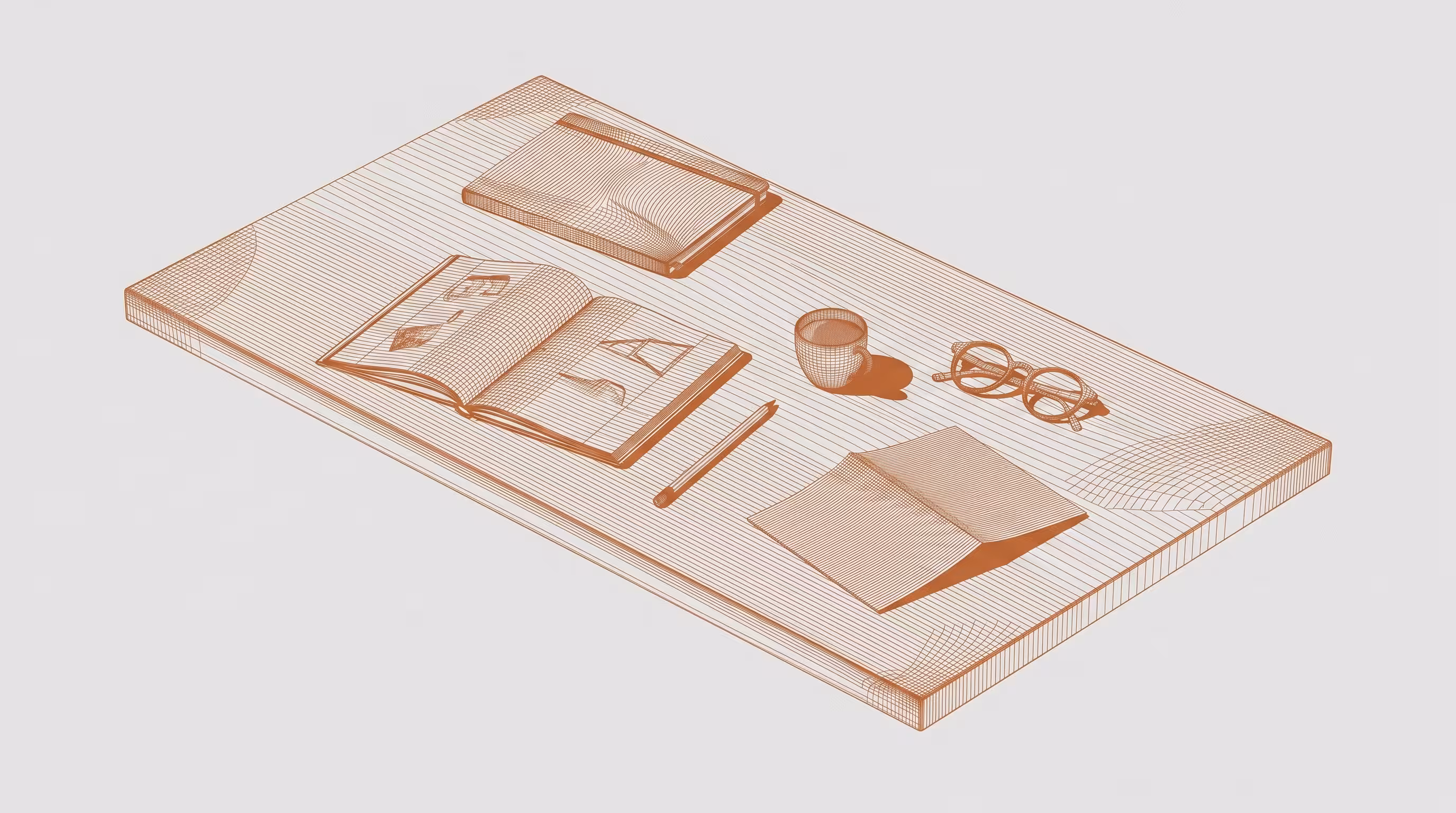 Wireframe illustration of a desk with books, a pencil, a coffee cup, and eyeglasses.