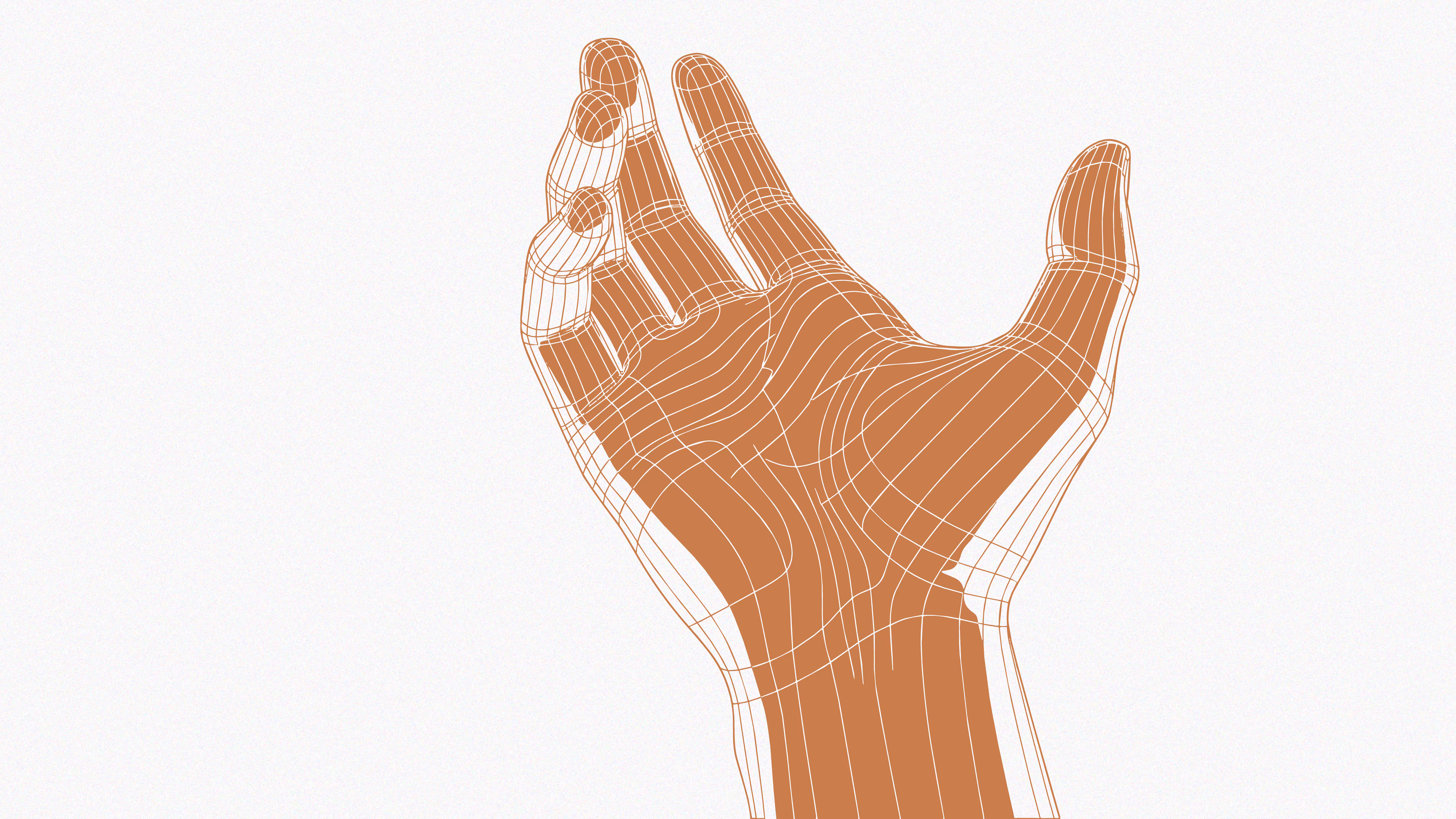 3D wireframe model of a left hand facing palm up on a white background.