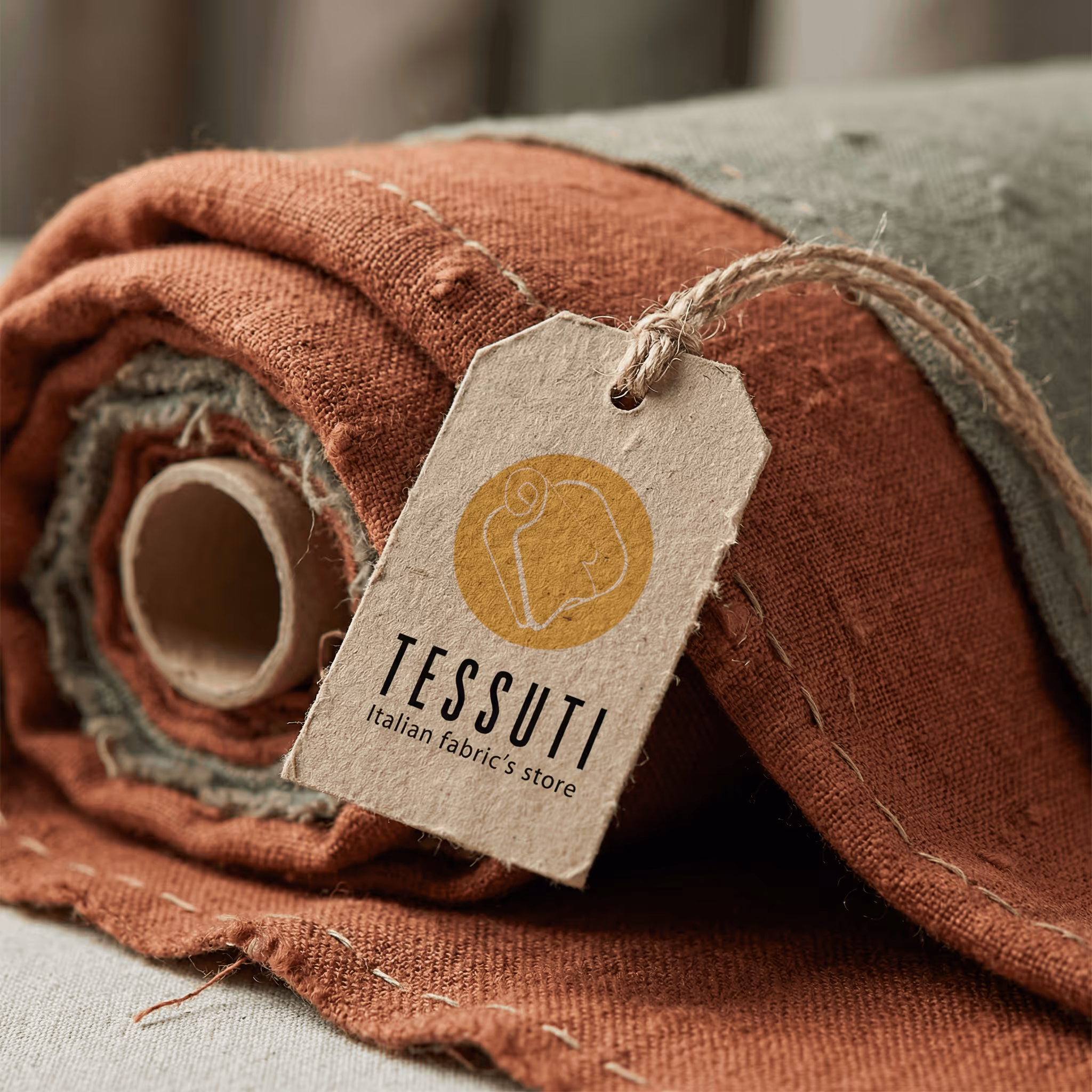Close-up of rolled rust and gray fabric with a stitched edge and a Tessuti store tag attached.