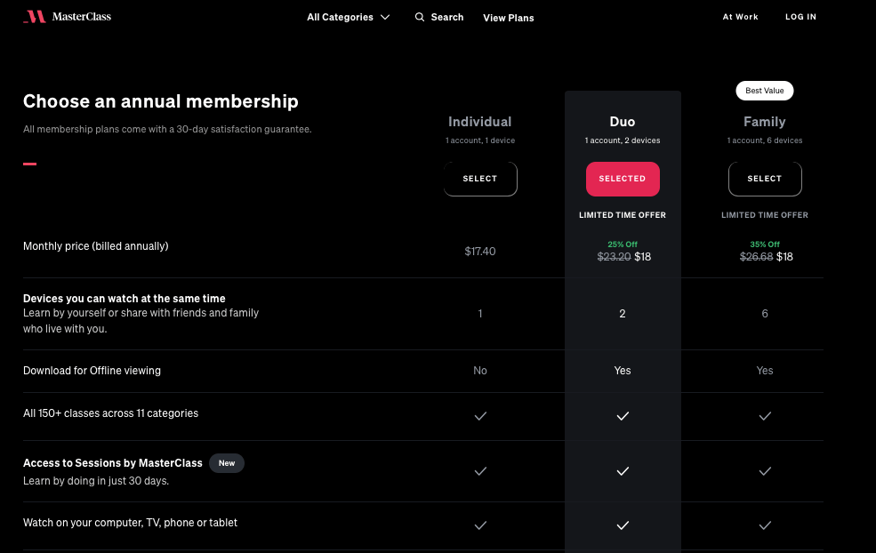 Masterclass pricing table 