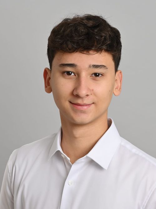 Young man with short curly dark hair wearing a white collared shirt smiles gently at the camera.