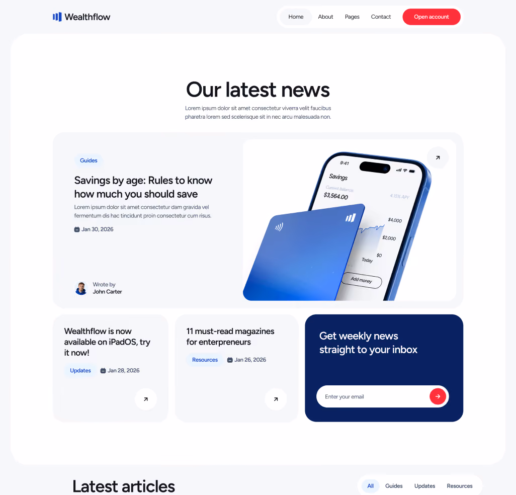 Wealthflow - Blog V1 Hero Page - Bank Webflow Template | BRIX Template