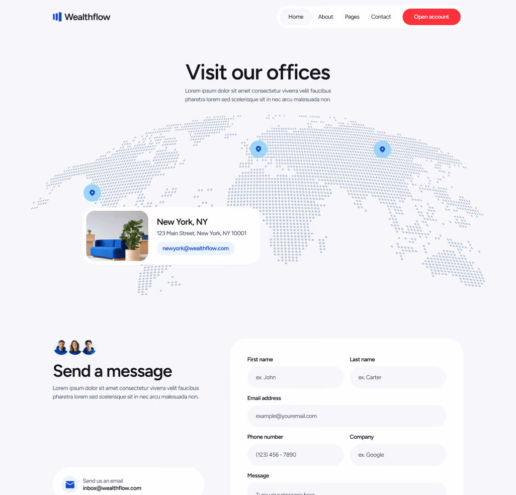 Wealthflow - Contact V2 Hero Page - Bank Webflow Template | BRIX Template