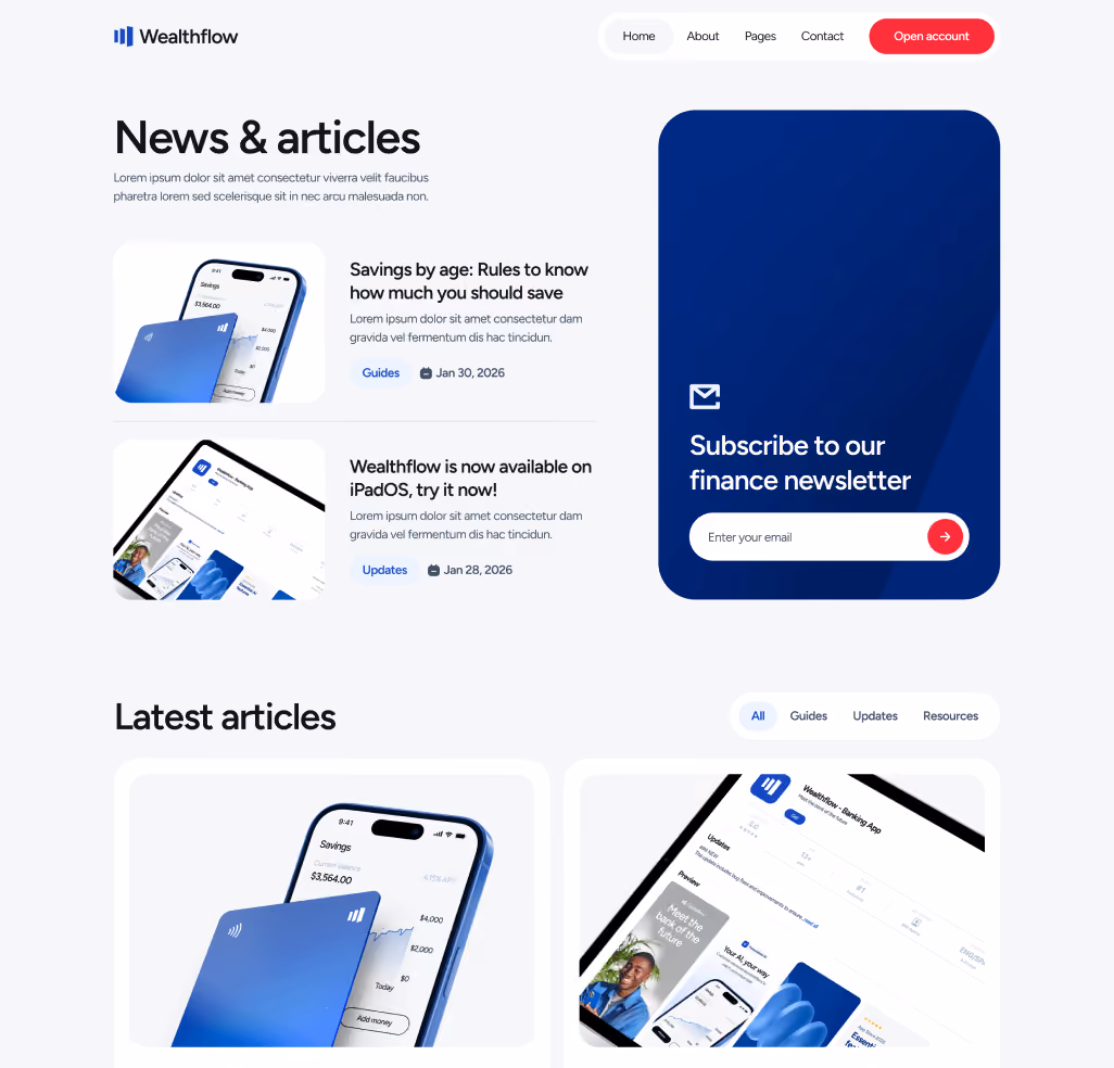 Wealthflow - Blog V2 Hero Page - Bank Webflow Template | BRIX Template