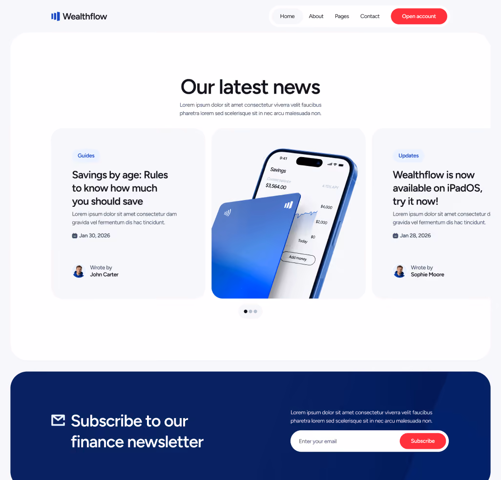 Wealthflow - Blog V3 Hero Page - Bank Webflow Template | BRIX Template