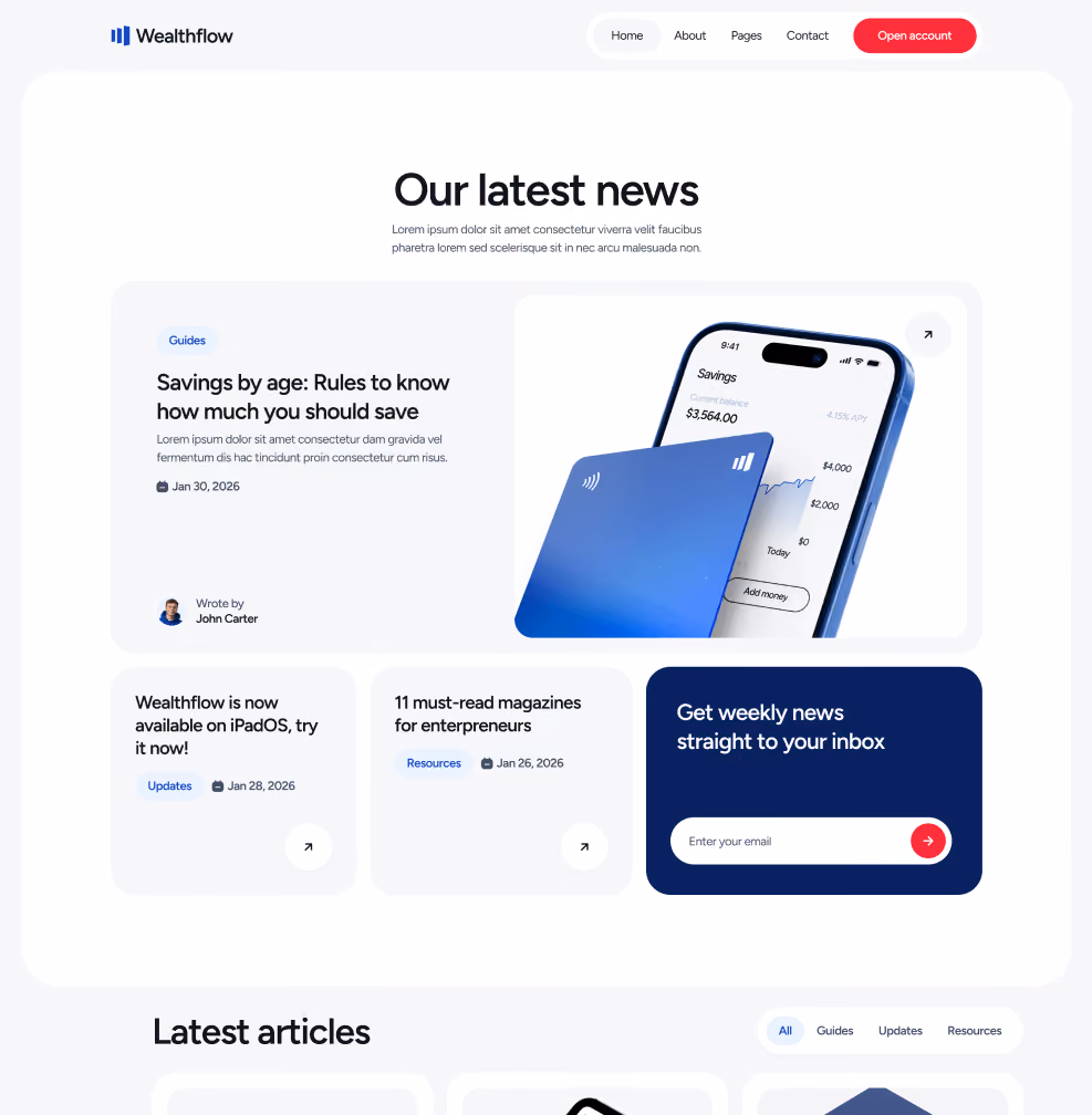 Wealthflow - Blog V1 Main Page - Bank Webflow Template | BRIX Template