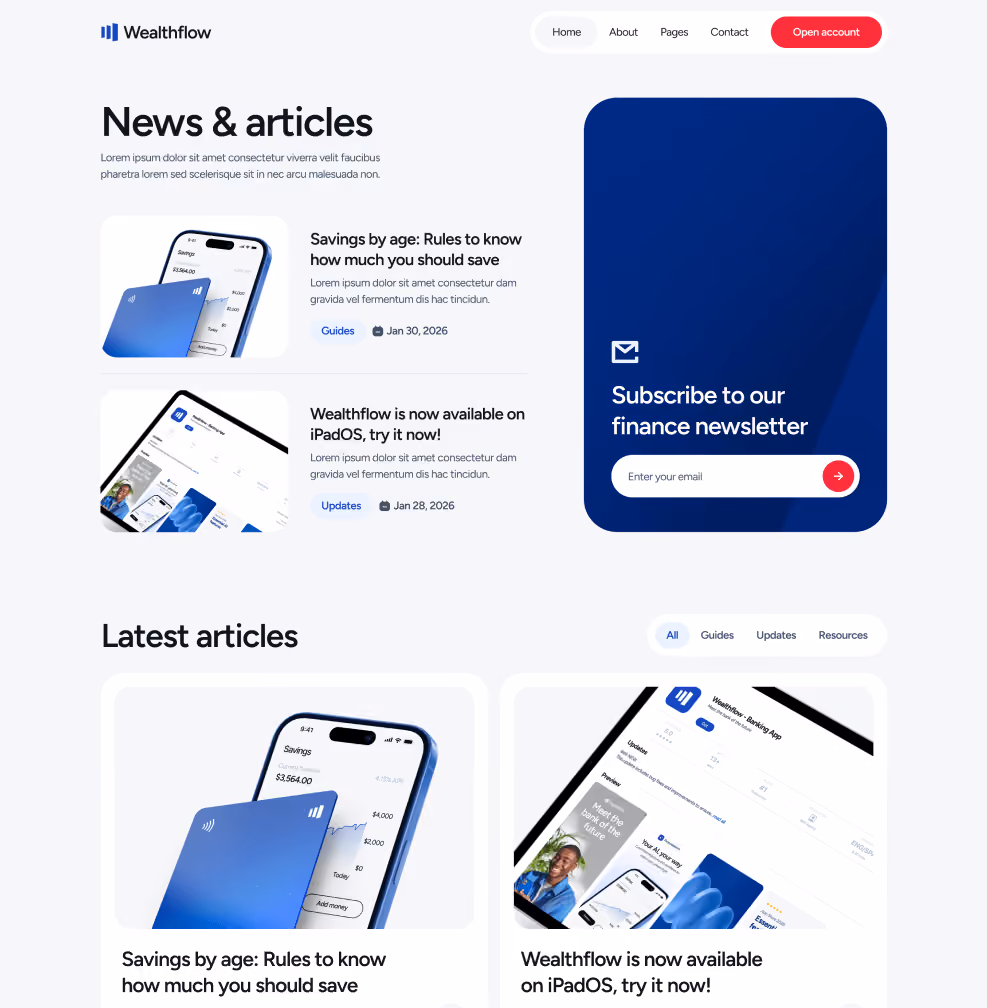 Wealthflow - Blog V2 Main Page - Bank Webflow Template | BRIX Template