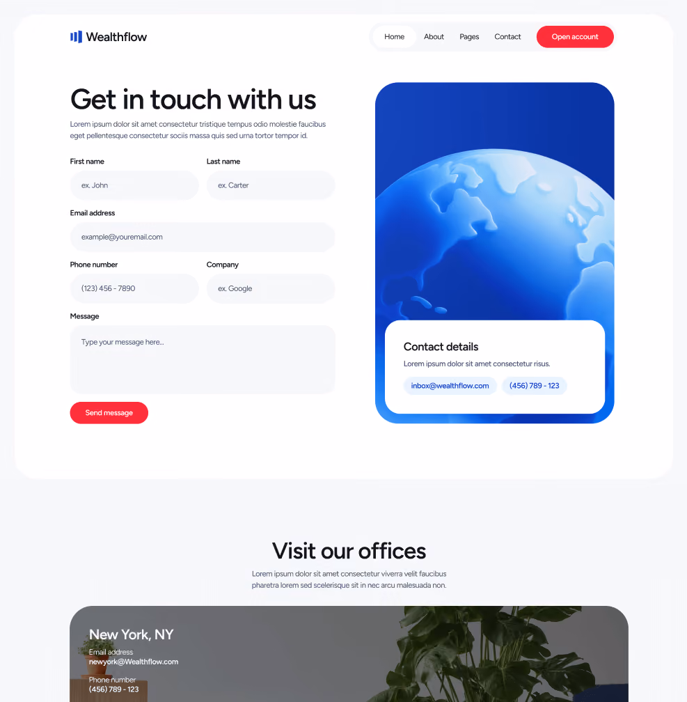 Wealthflow - Contact V3 Main Page - Bank Webflow Template | BRIX Template
